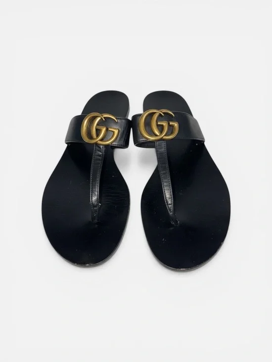 Authentic GucciI Marmont Black Leather Thong Sandals with Gold Double GG sz 38 - Picture 1 of 4